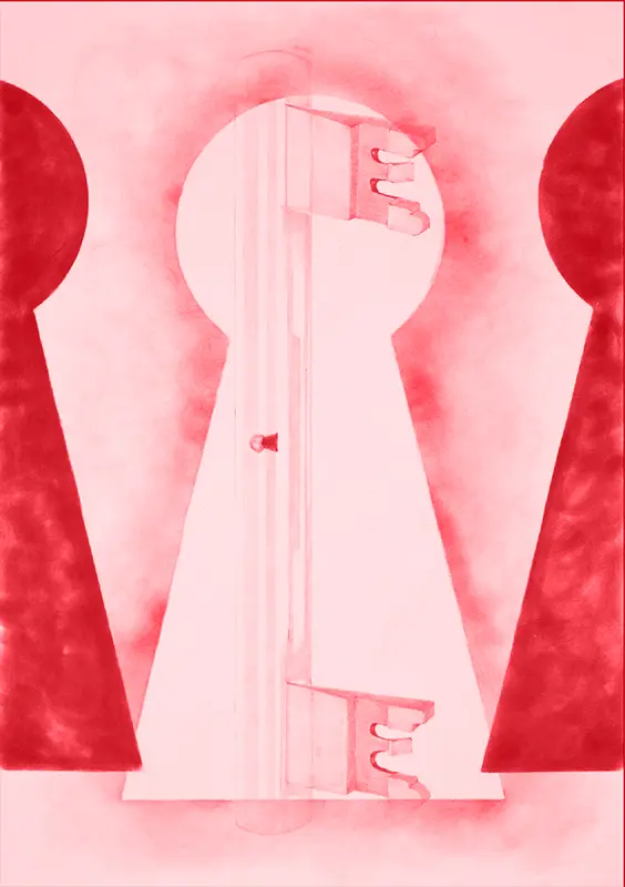 Animiertes rotes Kunst-GIF mit drei schnell aufeinanderfolgenden Motiven, einer realistischen Frontalzeichnung eines Schlüssellochs mit vollständig sichtbarem Berliner Schlüssel, der in seiner Mitte ein weiteres Schlüsselloch zeigt, einem historisch wirkenden Siebdruck auf Seide in Rot und Pink mit einer stilisierten menschlichen Figur, aus deren Anus eine große geschwungene Laubranke wächst, sowie einer roten Profilzeichnung eines Malerpinsels, der einen kleinen weinenden Pinsel vor einer links platzierten Bildfläche hält.